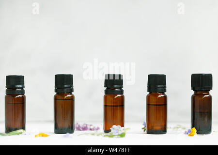 Plantes et fleurs d'Aromathérapie huiles essentielles dans des bouteilles, des extraits de plantes en bouteilles de verre brun sur fond blanc Banque D'Images