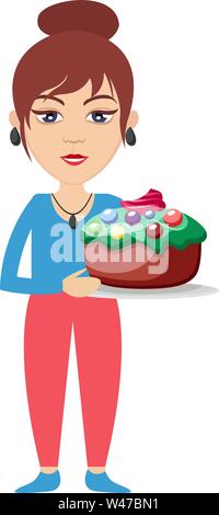 Woman with birthday cake, illustration, vecteur sur fond blanc. Illustration de Vecteur