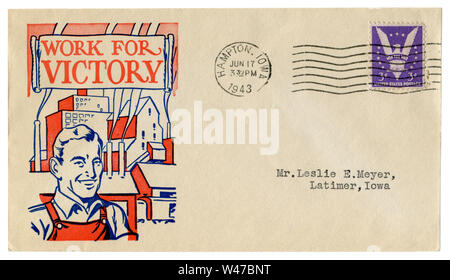 Hampton, Iowa, USA - Le 17 juin 1943 : enveloppe historique : couvrir avec un cachet patriotique travailler pour la victoire, employé d'usine, l'usine militaire Banque D'Images