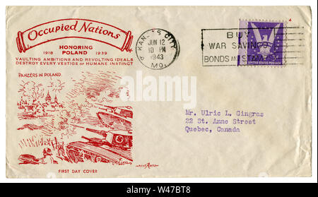 Kansas City, Missouri, USA - Le 12 juin 1943 : enveloppe historique : couvrir avec un cachet particulier avec Territoires nations, en l'honneur de la Pologne, de panzers allemands, 1939 Banque D'Images