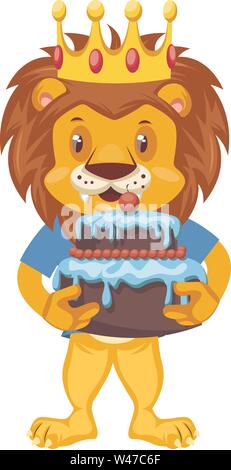 Lion avec gâteau d'anniversaire, illustration, vecteur sur fond blanc. Illustration de Vecteur