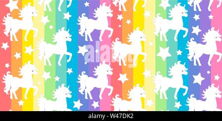 Les licornes blanches mignon silhouette sur rainbow colorful stripes background illustration modèle vectoriel continu Illustration de Vecteur