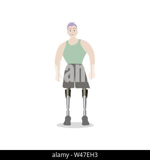 Jeune homme avec deux jambes, prothèses prothèse homme sportif, ressuage avec amputation, vecteur illustration prothétiques personne handicap Illustration de Vecteur