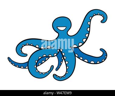 Vector illustration dessinée à la main de bleu poulpe. Contours noirs et colorés. Illustration de Vecteur