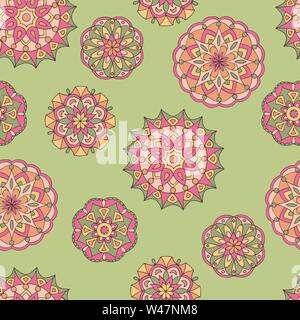 Résumé motif transparent des mandalas dessiné à la main dans de belles couleurs sur fond vert Illustration de Vecteur