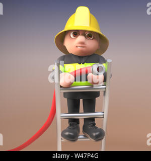 Pompier POMPIER courageux personnage de vêtements haute visibilité debout sur une échelle et visant un tuyau d'incendie à un blaze, illustration 3D render Banque D'Images