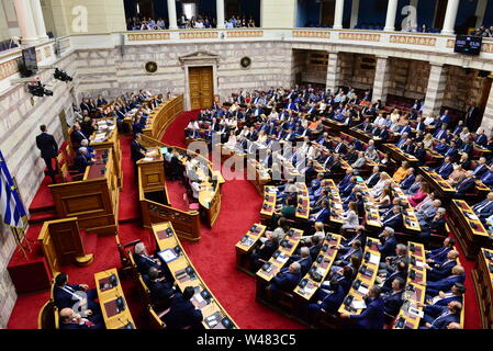 Athènes, Grèce. 20 juillet, 2019. Vue sur le Parlement, pendant le discours du Premier Ministre grec Kyriakos Mitsotakis. Credit : Dimitrios Karvountzis/Pacific Press/Alamy Live News Banque D'Images
