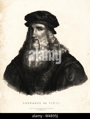 Léonard de Vinci, artiste de la Renaissance italienne, 1452-1519. Lithographie D'après un dessin de HVH - des portraits des plus célèbres peintres de toutes les écoles, Ackermann, Londres, 1827. Banque D'Images