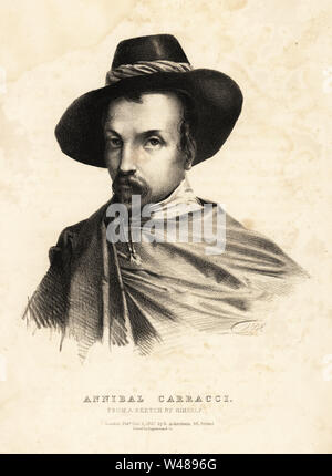 Annibale Carracci, peintre italien 1560-1609. À partir d'un autoportrait. Lithographie D'après un dessin de HVH - des portraits des plus célèbres peintres de toutes les écoles, Ackermann, Londres, 1827. Banque D'Images