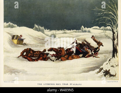 L'entraîneur de Liverpool mail plante dans la neige près de St Albans, 1837. Une passagère donne d'un chariot sans chevaux. Impression couleur après une gravure de R. Havell à partir d'une illustration par Henry Alken dans Ralph Nevill's Old Sporting imprime, le connaisseur Magazine, Londres, 1908. Banque D'Images