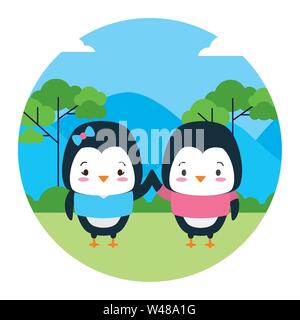 Cute couple naturel paysage animal penguin Illustration de Vecteur