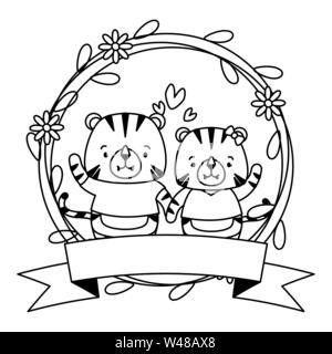 Cute couple animaux tigres gerbe de fleurs Illustration de Vecteur