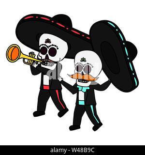 Crânes mexicains mariachis playing trumpet Illustration de Vecteur