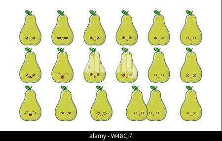 Mascotte kawaii cute poire verte. Définir les expressions des visages des aliments kawaii sourire des émoticônes. Illustration de Vecteur