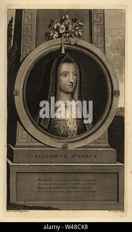 Portrait d'Elisabeth d'York, épouse du roi Henry VII d'Angleterre. En anglais hood hood ou de pignon avec robe d'hermine. Elisabeth d'Yorck. La gravure sur cuivre par Pieter Stevens van Gunst après Adriaen van der Werff de Isaac de Larrey's Histoire d'Angleterre, d'Ecosse et d'Irlande, Reinier Leers, Rotterdam, 1713. Banque D'Images