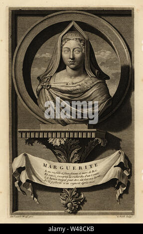 Portrait d'un buste de Margaret Tudor, reine d'Écosse, épouse du roi Jacques IV d'Écosse. En anglais hood hood ou de pignon. Marguerite. La gravure sur cuivre par Gerard Valck après Adriaen van der Werff de Isaac de Larrey's Histoire d'Angleterre, d'Ecosse et d'Irlande, Reinier Leers, Rotterdam, 1713. Banque D'Images