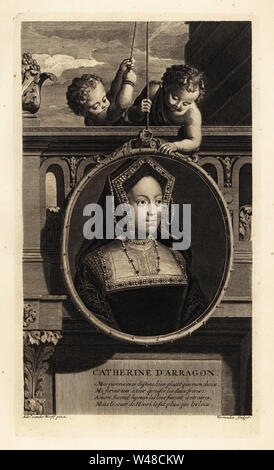 Deux garçons hissant un portrait de Catherine d'Aragon, reine d'Angleterre et la première épouse d'Henry VIII. En anglais hood hood ou de pignon. Catherine d'Arragon. La gravure sur cuivre de Cornelis Vermeulen après Adriaen van der Werff de Isaac de Larrey's Histoire d'Angleterre, d'Ecosse et d'Irlande, Reinier Leers, Rotterdam, 1713. Banque D'Images