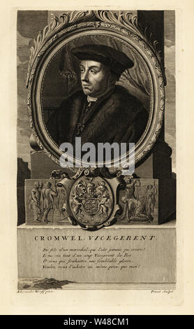 Portrait de Thomas Cromwell, comte d'Essex, avocat et homme d'État français au Roi Henry VIII. Avec le blason et vignette de l'exécution par décapitation. Cromwell Vice Regent. La gravure sur cuivre par Nicholas Pitaut après Adriaen van der Werff de Isaac de Larrey's Histoire d'Angleterre, d'Ecosse et d'Irlande, Reinier Leers, Rotterdam, 1713. Banque D'Images