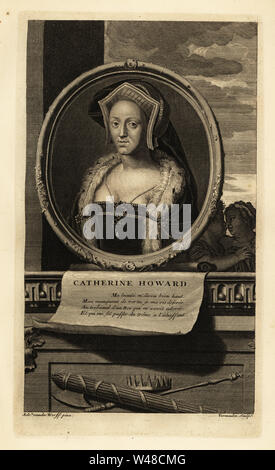 Portrait de Catherine Howard, reine d'Angleterre, épouse d'Henry VIII. En anglais hood hood ou de pignon et l'hermine, coiffure robe.. Avec la couronne, sceptre et fasces ci-dessous. La gravure sur cuivre de Cornelis Vermeulen après Adriaen van der Werff de Isaac de Larrey's Histoire d'Angleterre, d'Ecosse et d'Irlande, Reinier Leers, Rotterdam, 1713. Banque D'Images