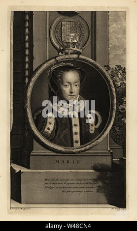 La Reine Marie d'Angleterre, Mary Tudor ou Bloody Mary. Marie. En français le capot avec le collier de perles, de la dentelle et de l'enveloppe garnie de fourrure et de goujons. La gravure sur cuivre par Pieter Stevens van Gunst après Adriaen van der Werff de Isaac de Larrey's Histoire d'Angleterre, d'Ecosse et d'Irlande, Reinier Leers, Rotterdam, 1713. Banque D'Images