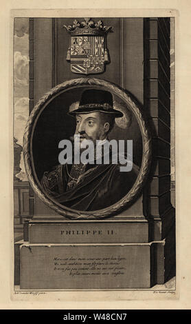 Portrait du roi Philippe II d'Espagne, époux de Marie d'Angleterre. Philippe II. Avec des armoiries. La gravure sur cuivre par Pieter Stevens van Gunst après Adriaen van der Werff de Isaac de Larrey's Histoire d'Angleterre, d'Ecosse et d'Irlande, Reinier Leers, Rotterdam, 1713. Banque D'Images