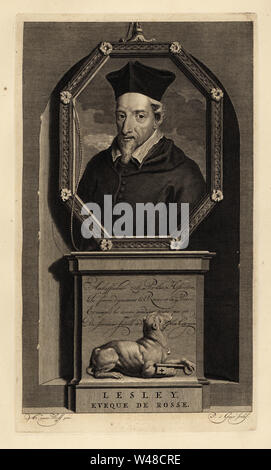 John Lesley, historien écossais et évêque de Ross. Eveque de Rosse. Chien avec la clé. La gravure sur cuivre par Pieter Stevens van Gunst après Adriaen van der Werff de Isaac de Larrey's Histoire d'Angleterre, d'Ecosse et d'Irlande, Amsterdam, 1730. Banque D'Images