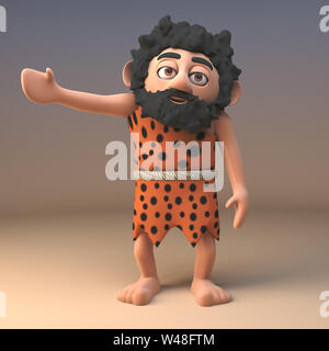 Dumb caveman caractère sauvage en peau animale signale un virage à droite sans être dans un véhicule, illustration 3D render Banque D'Images