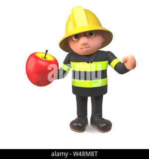 Pompier POMPIER 3d personnage dans une haute visibilité vêtements mangeant une pomme rouge, illustration 3D render Banque D'Images