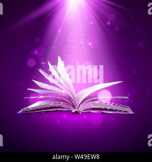 Mystère livre ouvert. Livre fantastique avec la magie de la lumière et scintille. Vector illustration Illustration de Vecteur
