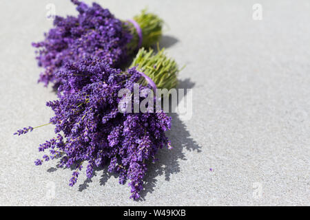 Bouquet de fleurs de lavande sur une table gris Banque D'Images