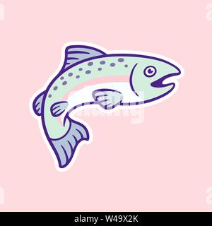 Caricature dessin de saumon sur fond rose. Poissons dessinés à la main, simple illustration, vector clip art. Illustration de Vecteur