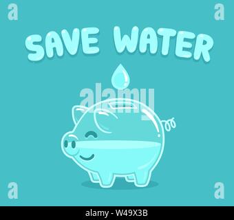 Cartoon tirelire avec goutte d'eau et de l'eau texte 'Save'. La notion de conservation de l'environnement et économiser de l'argent sur des projets de loi. Vector clip art illustration. Illustration de Vecteur