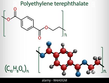 Le polyéthylène téréphtalate ou PET, PETE polyester, molécule de polymère thermoplastique. Formule chimique structurale et molécule modèle. Vector illustration Illustration de Vecteur