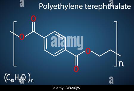 Le polyéthylène téréphtalate ou PET, PETE polyester, molécule de polymère thermoplastique. Formule chimique structurel sur le fond bleu foncé. Mauvais vecteur Illustration de Vecteur