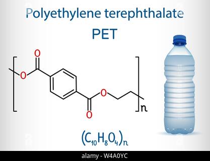 Le polyéthylène téréphtalate ou PET, PETE polyester, molécule de polymère thermoplastique avec bouteille en plastique. Formule chimique structurels. Vector illustratio Illustration de Vecteur