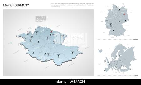 Vector set de l'Allemagne pays. Carte en 3D isométrique, carte de l'Allemagne, l'Europe site - avec la région, l'Etat et les noms les noms de ville. Illustration de Vecteur