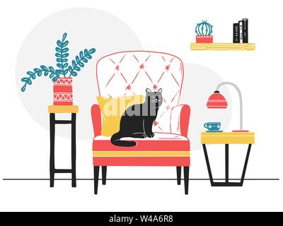 Intérieur de style scandinave. Divers Meubles et objets d'intérieur. Fauteuil, chat sur la chaise. Animal de compagnie. Illustration de Vecteur