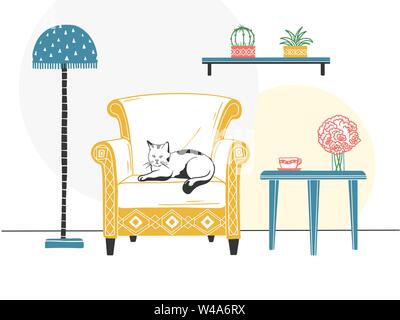 Intérieur de style scandinave. Divers Meubles et objets d'intérieur. Fauteuil, chat sur la chaise. Animal de compagnie. Illustration de Vecteur
