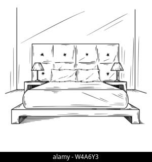 Croquis réalistes de la chambre à coucher. Croquis dessinés à la main, de l'intérieur. Vector illustration Illustration de Vecteur