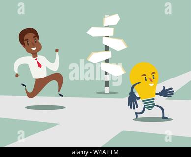 Black african american businessman courir après l'ampoule par l'idée de carrefour. Illustration de Vecteur