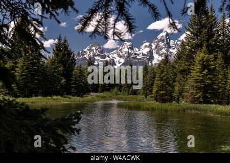 Mont Moran et les montagnes de Grand Teton reflétée sur la Snake River à l'atterrissage Schwabacher étang de castors dans le Parc National de Grand Teton à Moose, dans le Wyoming. Banque D'Images