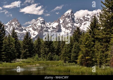 Mont Moran et les montagnes de Grand Teton reflétée sur la Snake River à l'atterrissage Schwabacher étang de castors dans le Parc National de Grand Teton à Moose, dans le Wyoming. Banque D'Images