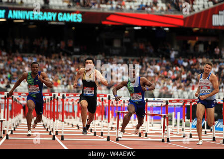 Londres, Royaume-Uni. 21 juillet, 2019. action de la men's 110m haies course. Muller, 2019 Jeux Anniversaire Londres Grand Prix sur le stade de Londres, Queen Elizabeth Olympic Park à Londres le dimanche 21 juillet 2019. Ce droit ne peut être utilisé qu'à des fins rédactionnelles. Utilisez uniquement rédactionnel pic par Steffan Bowen/Andrew Orchard la photographie de sport/Alamy live news Crédit : Andrew Orchard la photographie de sport/Alamy Live News Banque D'Images