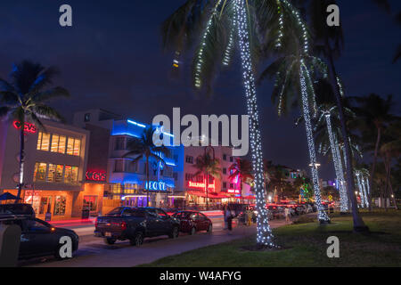 Les LUMIÈRES DE NOËL SUR PALMIERS HÔTELS OCEAN DRIVE LUMMUS PARK SOUTH BEACH MIAMI BEACH FLORIDE USA Banque D'Images