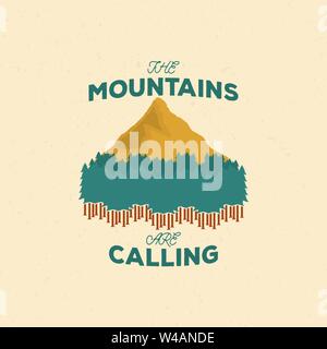 L'emblème de la montagne vintage, emblème graphique en couleur avec des montagnes et des forêts silhouette en grunge style Illustration de Vecteur