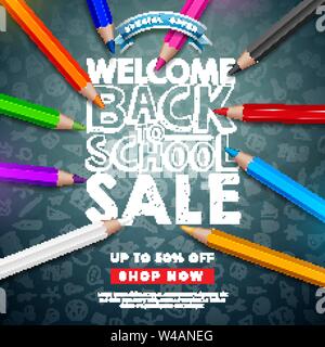 Retour à l'école Vente Design avec crayon de couleur et typographie Lettre le tableau arrière-plan. Vector Illustration avec offre spéciale pour éléments Illustration de Vecteur