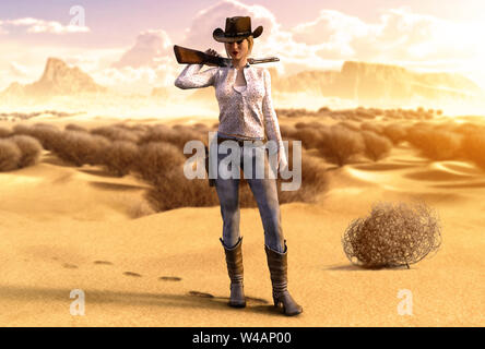 Belle cowgirl transportant un fusil à l'épaule dans un désert aride, chaud, 3D render Banque D'Images