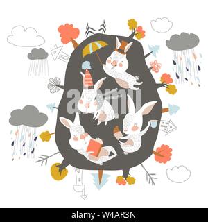 Cute cartoon lapins dans den. Bonjour l'automne Illustration de Vecteur
