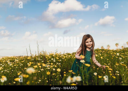 Portrait de petite fille robe ind standing in field de fleurs jaunes Banque D'Images