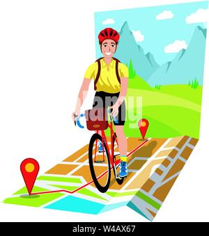 Illustration d'un homme souriant avec casque et sac à dos, de faire du vélo sur un plan avec un parcours délimité et un contexte rural montagneux. Illustration de Vecteur